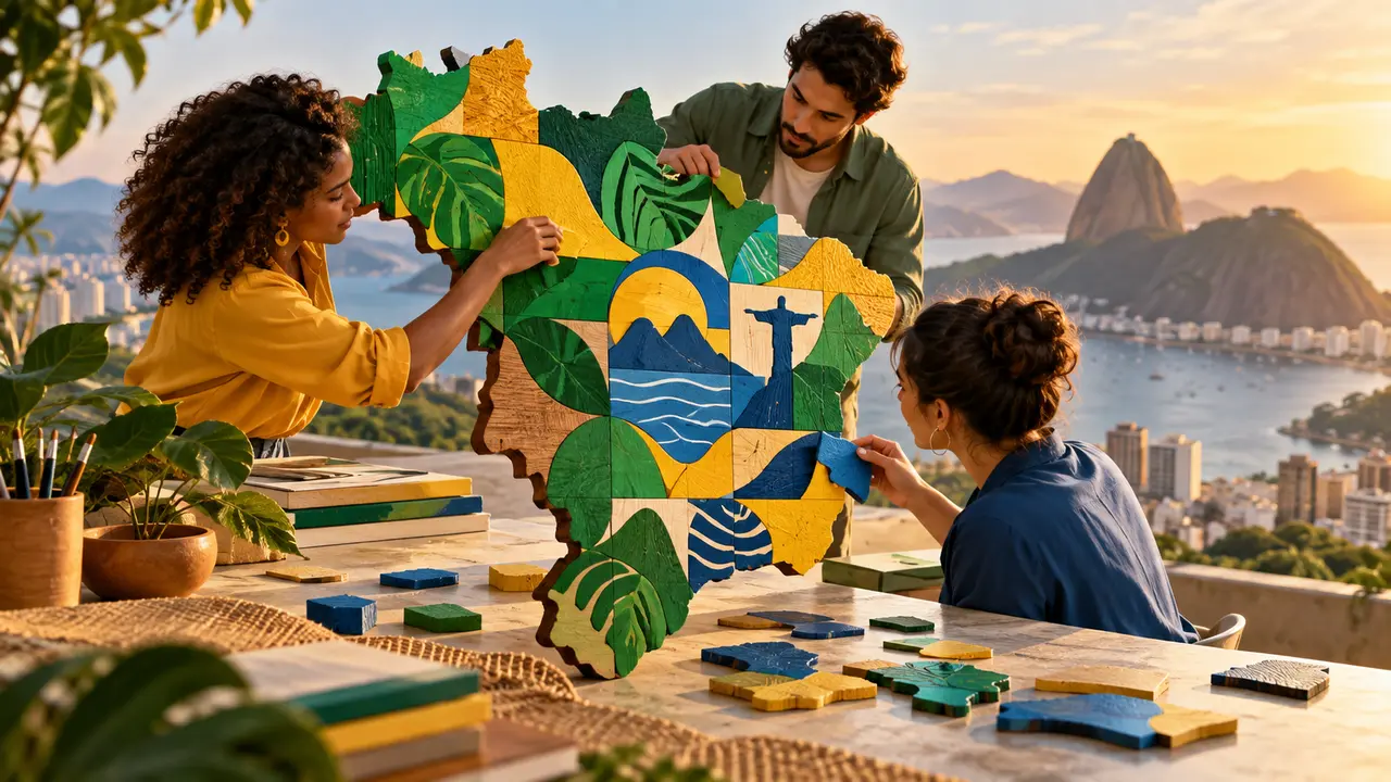 Ilustração de três pessoas montando peças coloridas de um mapa do Brasil sobre uma mesa.