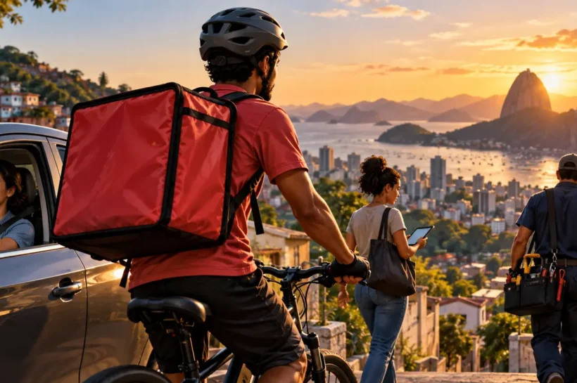 Ilustração de entregador de bicicleta com mochila vermelha, motorista e trabalhadores em uma rua.