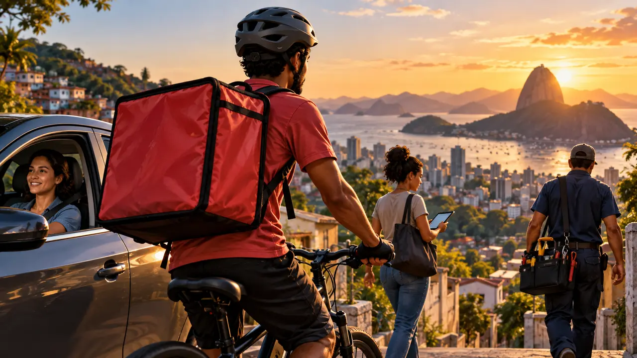 Ilustração de entregador de bicicleta com mochila vermelha, motorista e trabalhadores em uma rua.