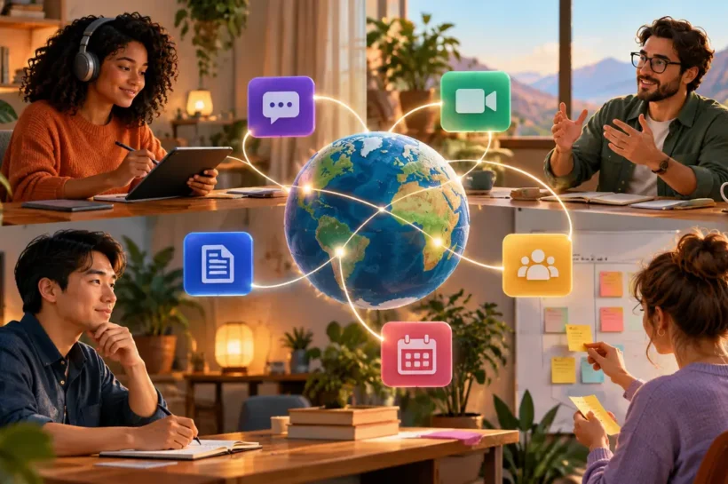 Ilustração de pessoas trabalhando com tablets e documentos, conectadas por um globo e símbolos de comunicação.