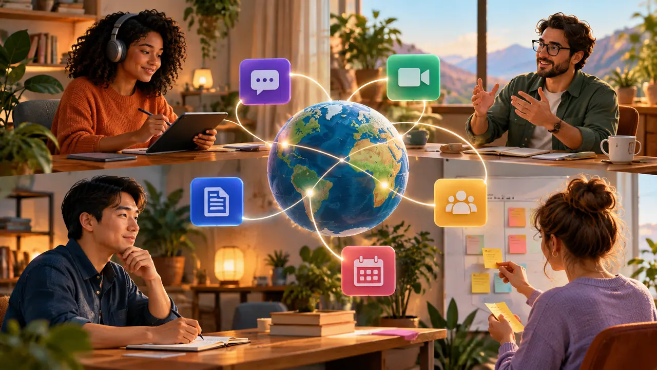 Ilustração de pessoas trabalhando com tablets e documentos, conectadas por um globo e símbolos de comunicação.