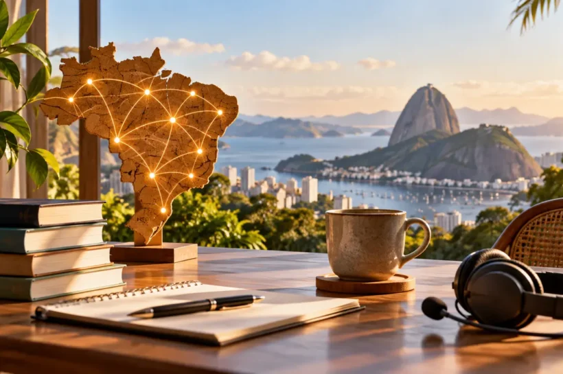 Ilustração de mapa do Brasil conectado por pontos luminosos, ao lado de caderno e fone de ouvido.