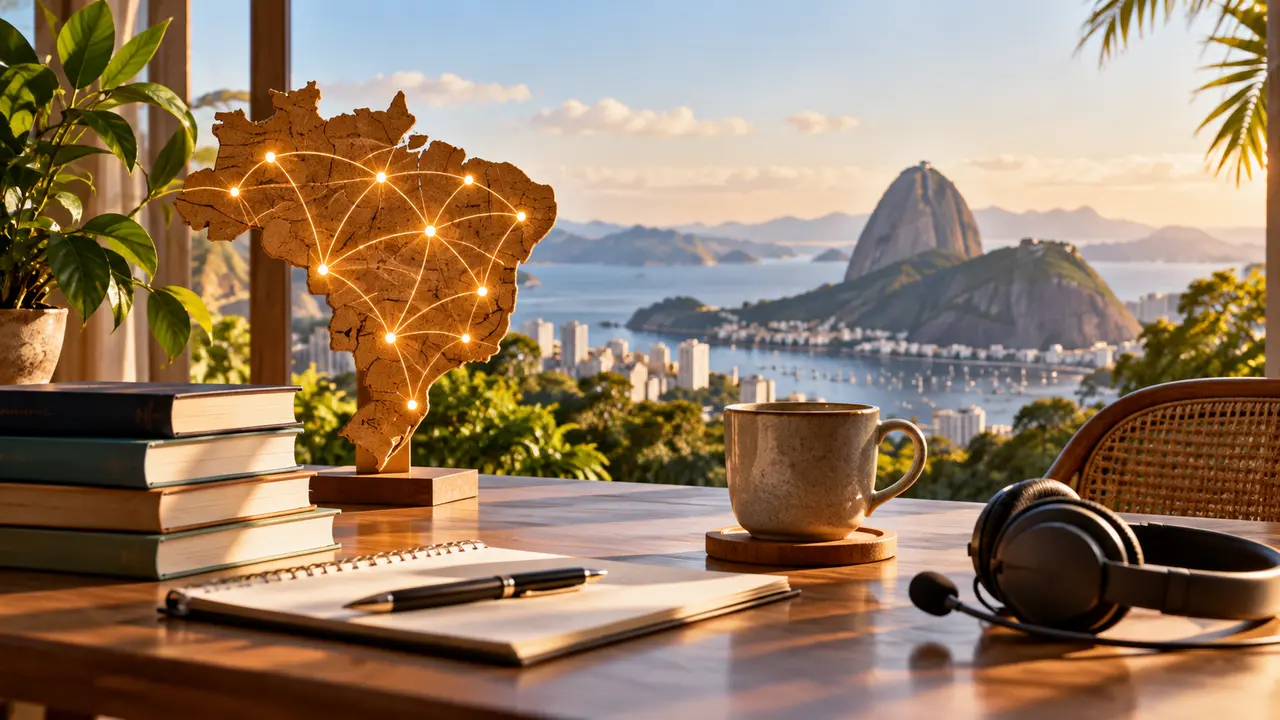 Ilustração de mapa do Brasil conectado por pontos luminosos, ao lado de caderno e fone de ouvido.