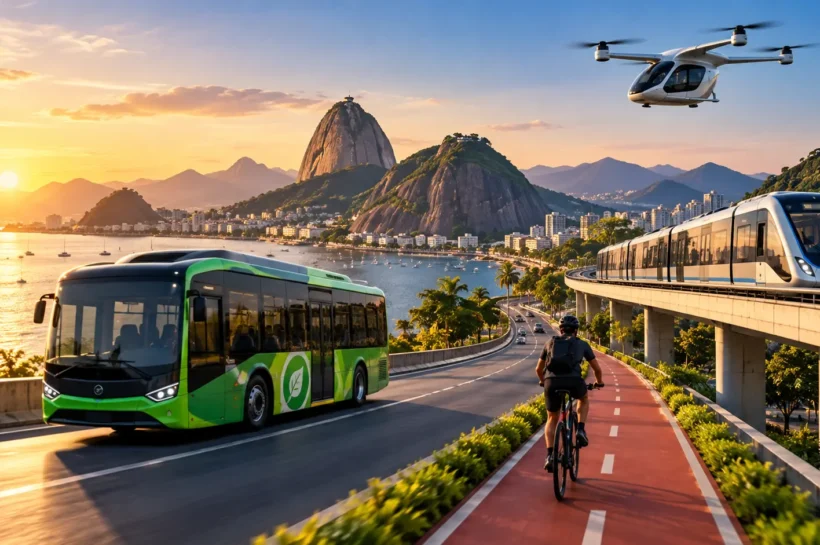 Ilustração de ônibus, trem, bicicleta e drone em uma paisagem urbana à beira-mar.