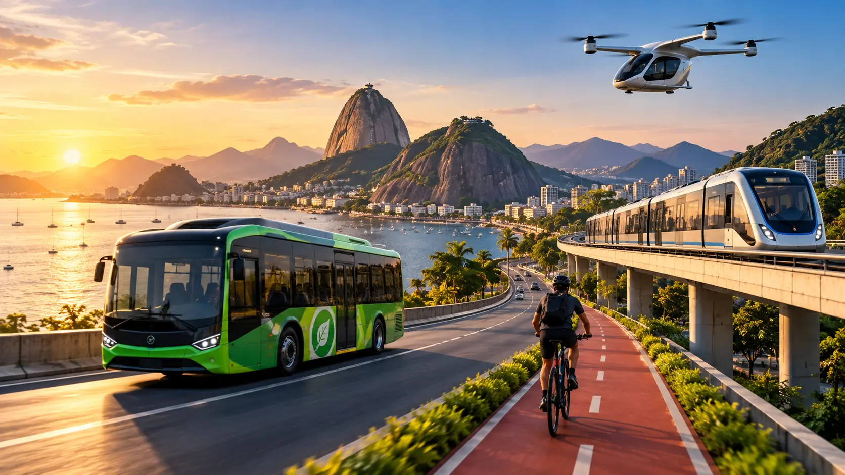 Ilustração de ônibus, trem, bicicleta e drone em uma paisagem urbana à beira-mar.