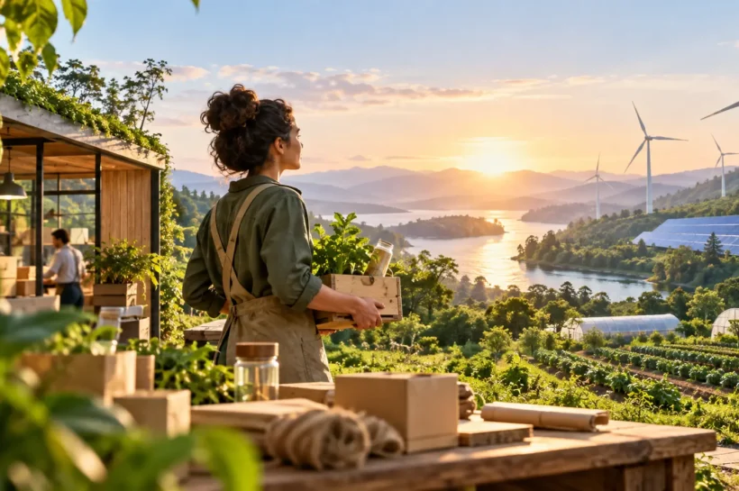 Ilustração de mulher com uma muda de planta diante de painéis solares, turbinas eólicas e uma horta.