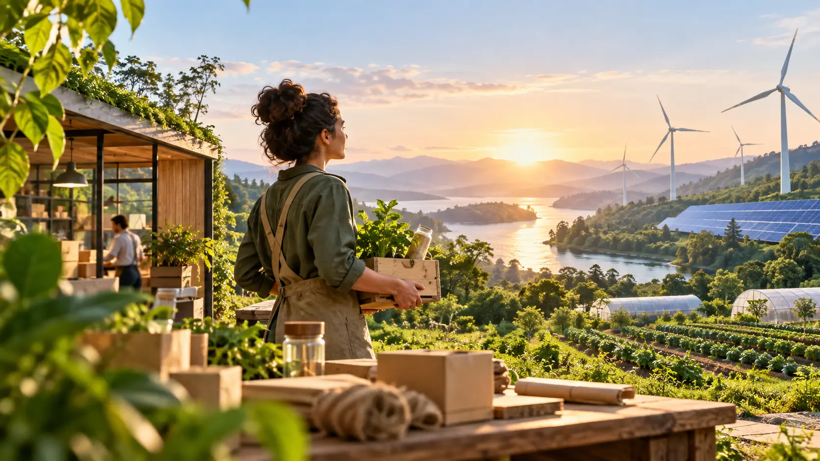 Ilustração de mulher com uma muda de planta diante de painéis solares, turbinas eólicas e uma horta.