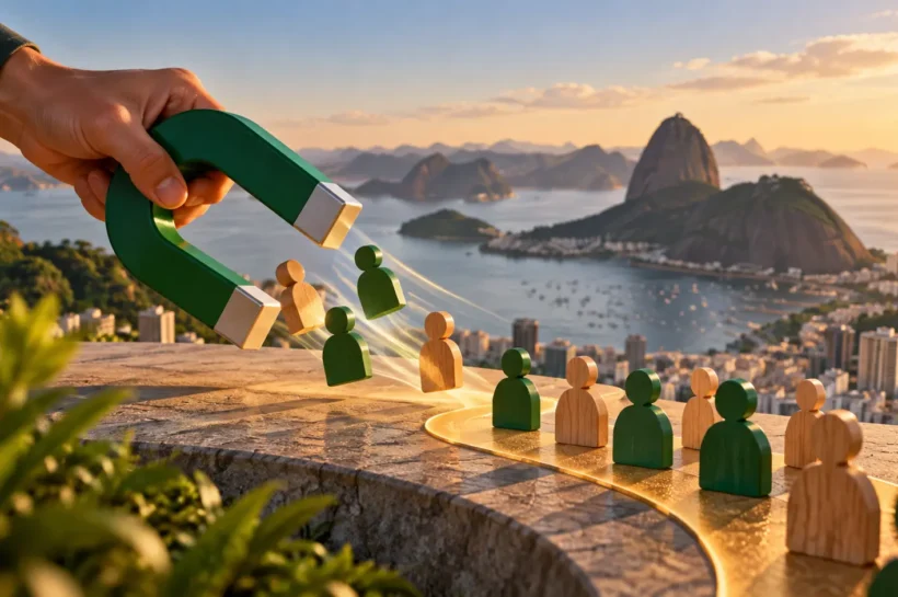 Ilustração de um ímã atraindo pequenas figuras de pessoas sobre uma mesa.