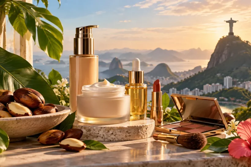 Ilustração de frascos de cosméticos, pincéis, flores e sementes sobre uma bancada.