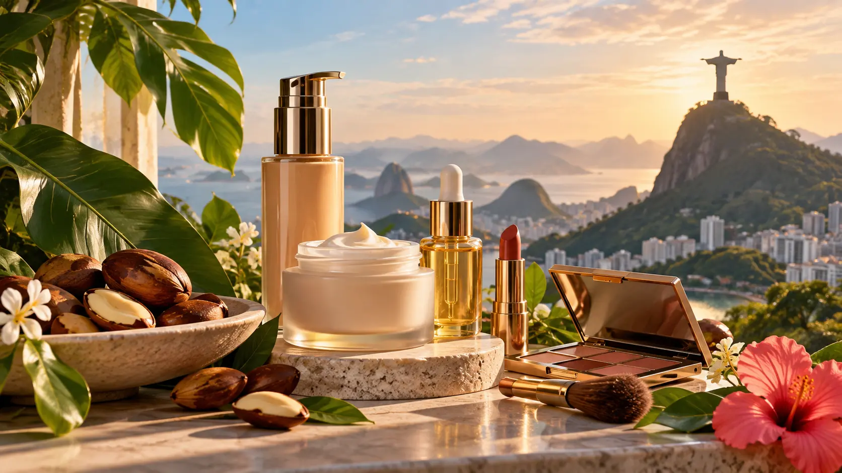 Ilustração de frascos de cosméticos, pincéis, flores e sementes sobre uma bancada.