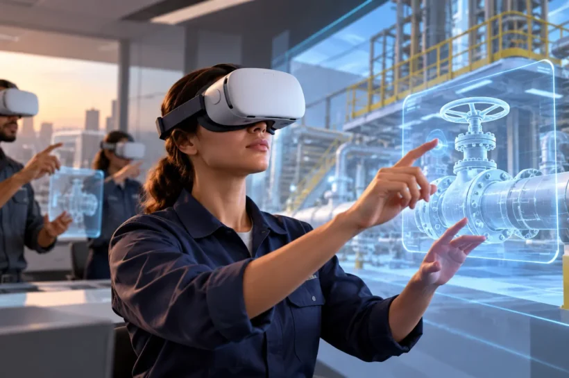 Ilustração de pessoas com óculos de realidade virtual interagindo com equipamentos industriais digitais.