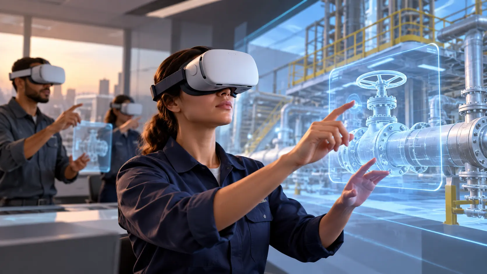 Ilustração de pessoas com óculos de realidade virtual interagindo com equipamentos industriais digitais.