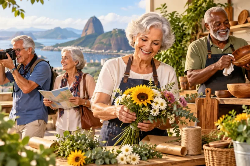 Ilustração de pessoas idosas trabalhando com fotografia, flores e peças de madeira.