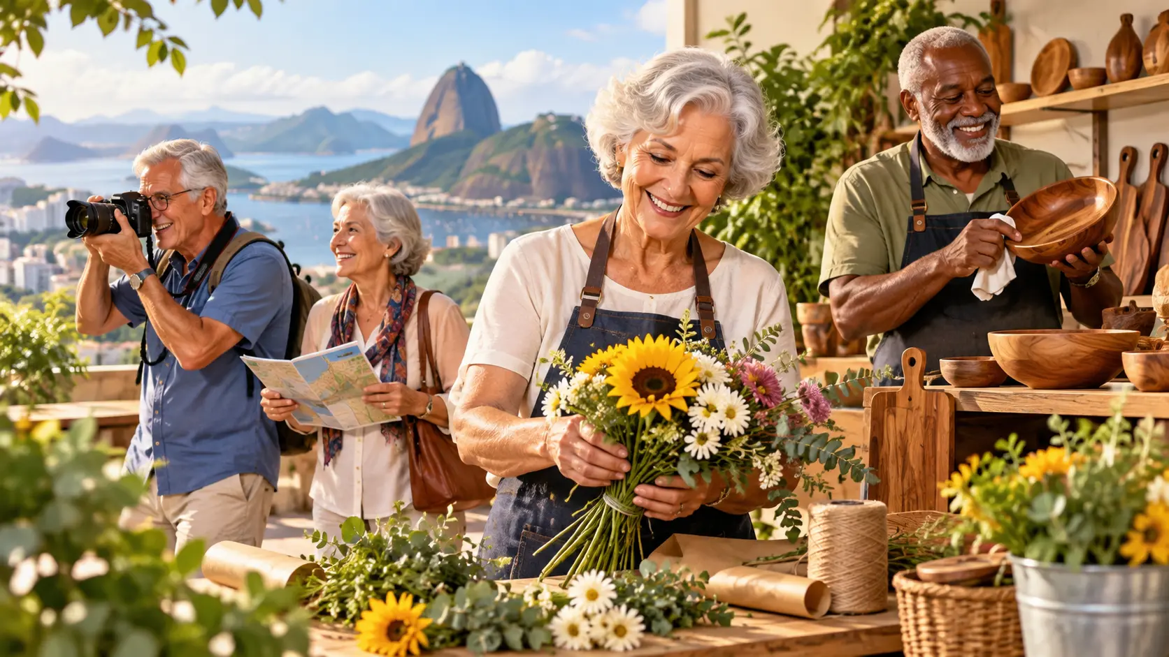 Ilustração de pessoas idosas trabalhando com fotografia, flores e peças de madeira.