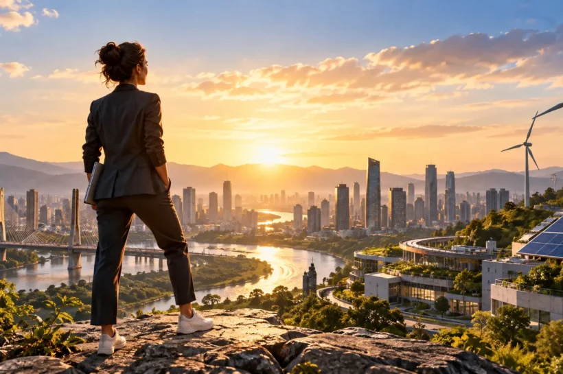 Ilustração de mulher observando uma cidade com painéis solares e turbinas eólicas ao pôr do sol.