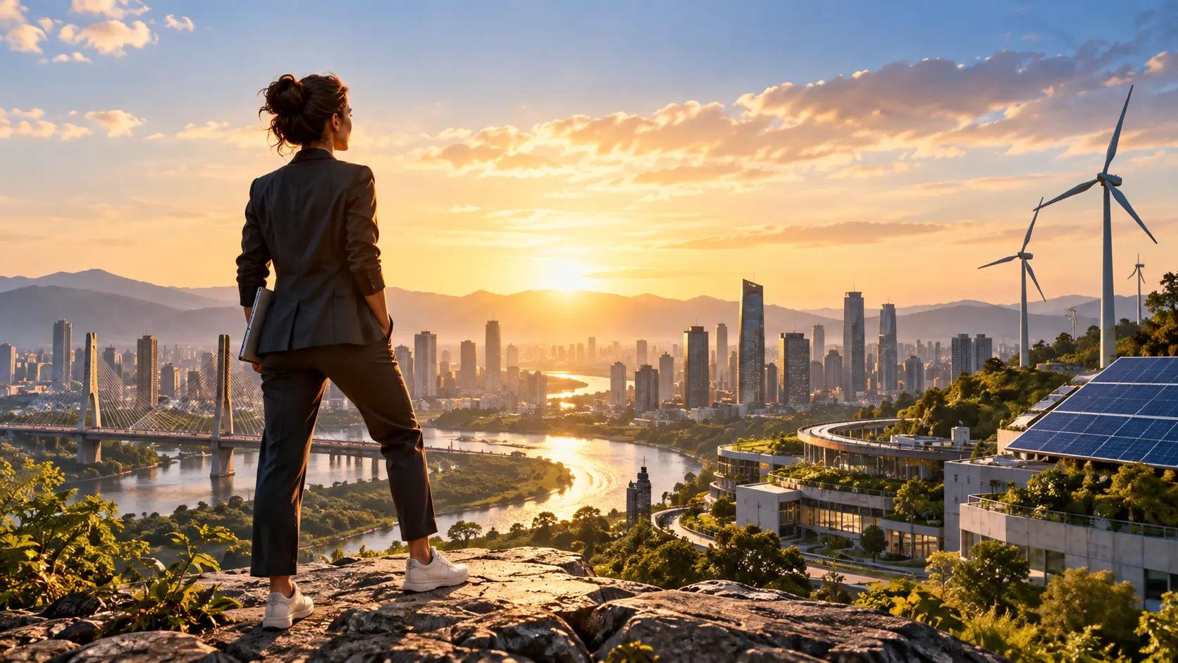 Ilustração de mulher observando uma cidade com painéis solares e turbinas eólicas ao pôr do sol.