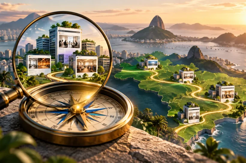 Ilustração de lupa e bússola diante de uma paisagem com caminhos e cartões de páginas de sites.