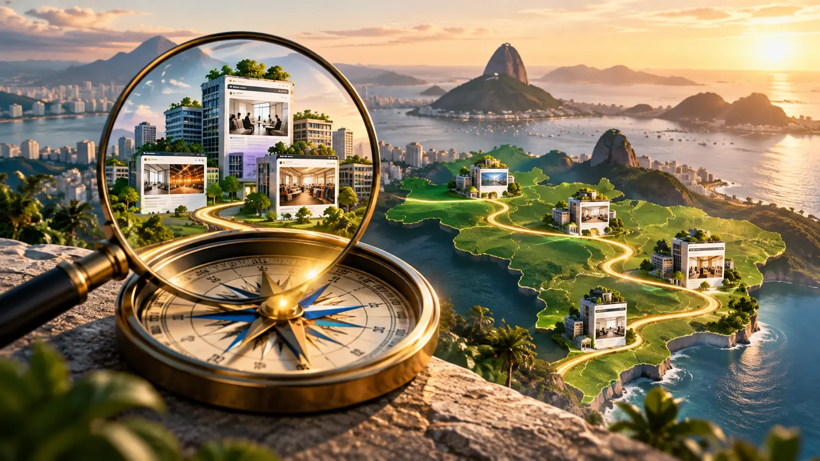 Ilustração de lupa e bússola diante de uma paisagem com caminhos e cartões de páginas de sites.