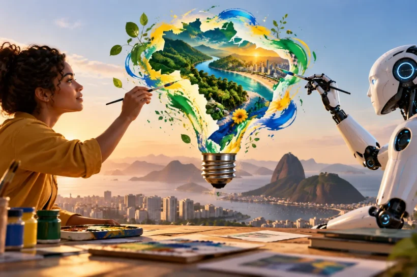 Ilustração de mulher e robô pintando uma lâmpada formada por paisagens e cores.