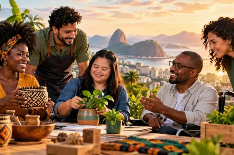 Ilustração de grupo reunido à mesa com peças artesanais, plantas e anotações.