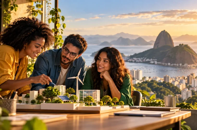 Ilustração de três pessoas reunidas em torno de uma maquete de cidade com painéis solares.
