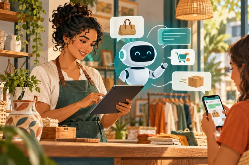 Ilustração de lojista com tablet atendendo uma cliente, com um robô e símbolos de compras ao fundo.