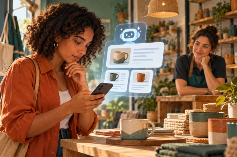 Ilustração de mulher pesquisando produtos no celular, com cartões de informações e símbolo de assistente virtual.