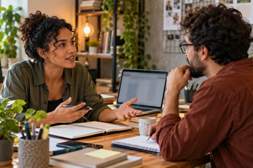 Duas pessoas conversam à mesa com documentos e um notebook aberto.