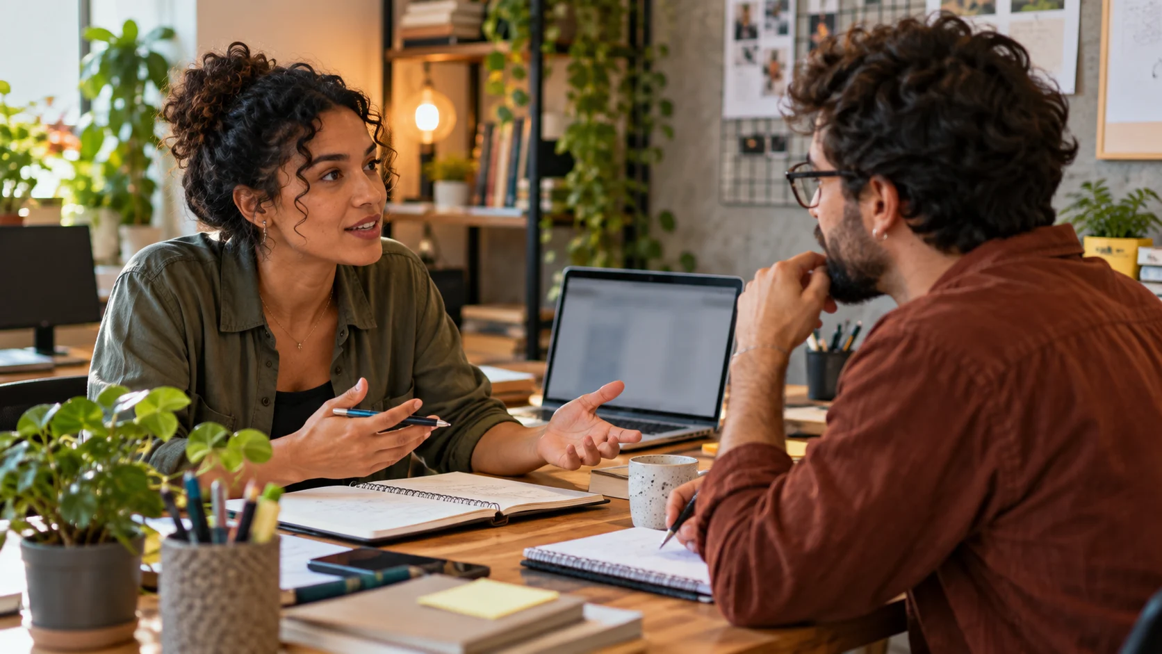 Duas pessoas conversam à mesa com documentos e um notebook aberto.