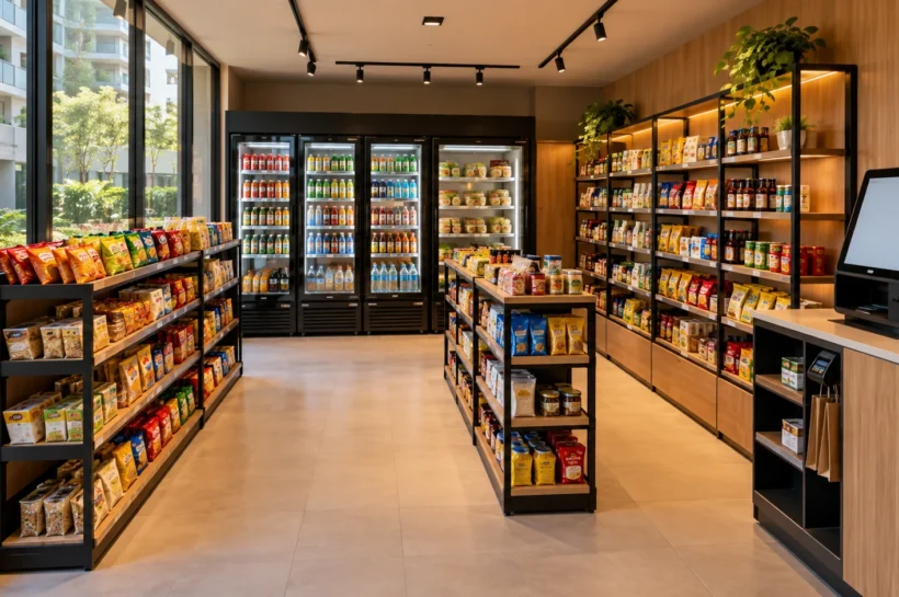 Interior de minimercado com prateleiras de produtos, refrigeradores e terminal de pagamento.