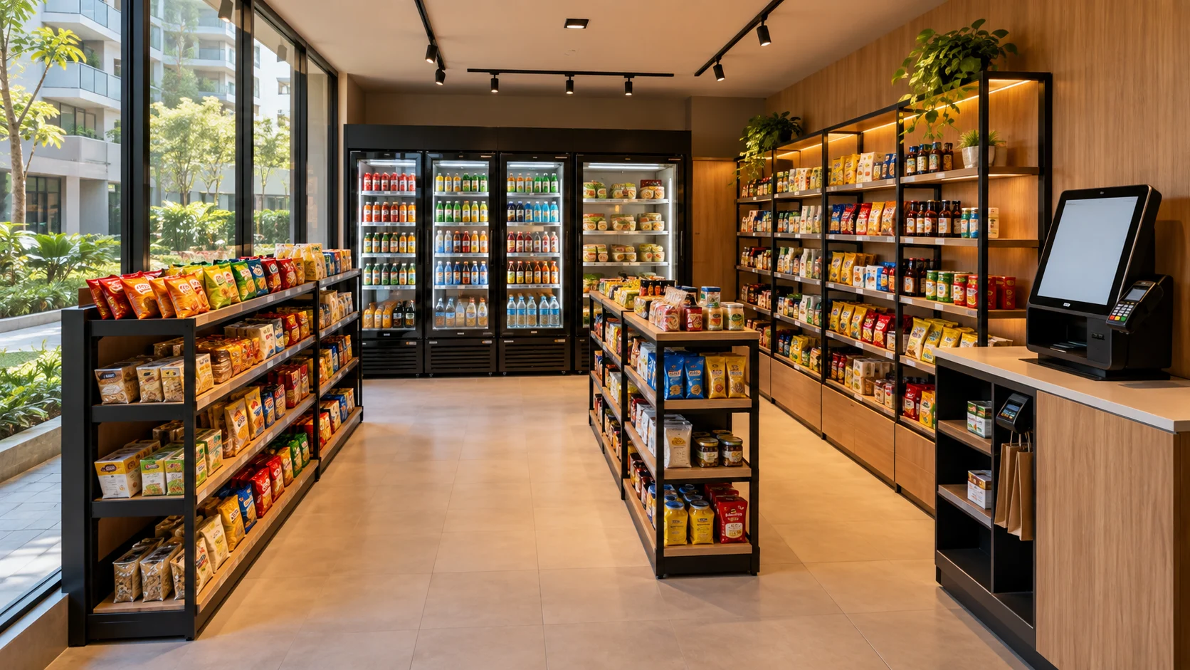 Interior de minimercado com prateleiras de produtos, refrigeradores e terminal de pagamento.