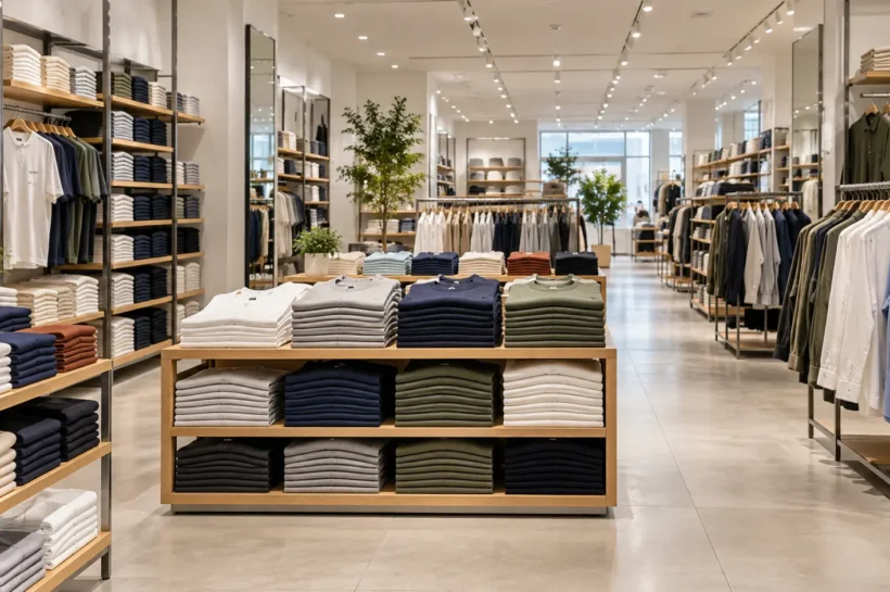 Araras e prateleiras de roupas em uma loja de moda. Ilustração produzida com IA, sem representar uma unidade da Uniqlo.