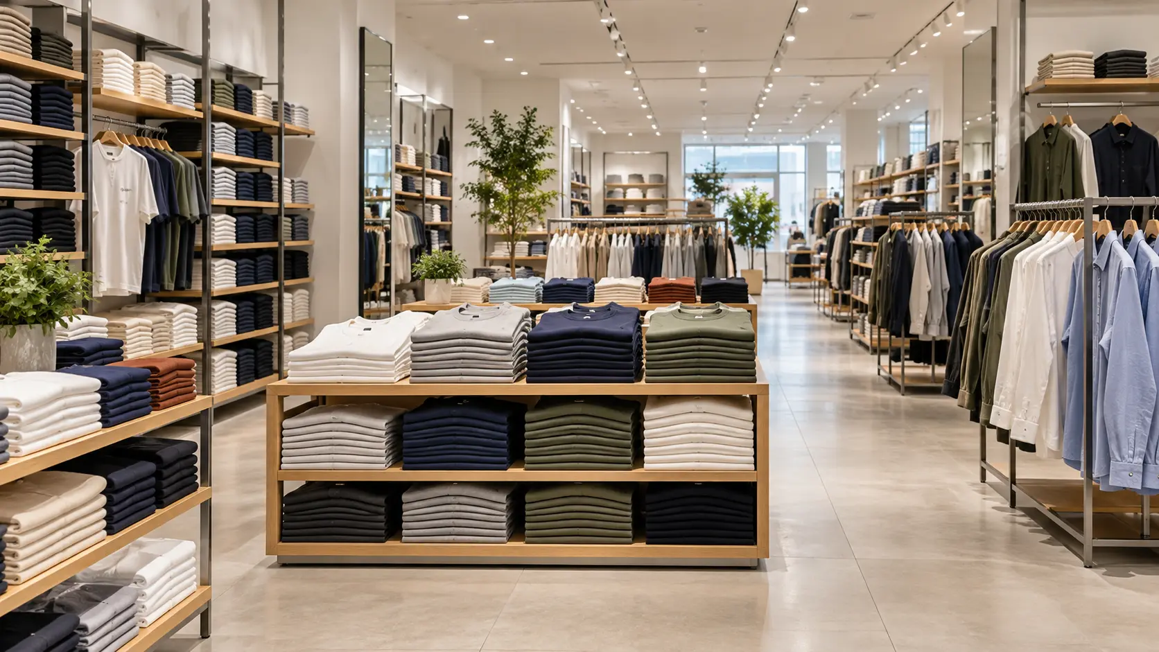 Araras e prateleiras de roupas em uma loja de moda. Ilustração produzida com IA, sem representar uma unidade da Uniqlo.
