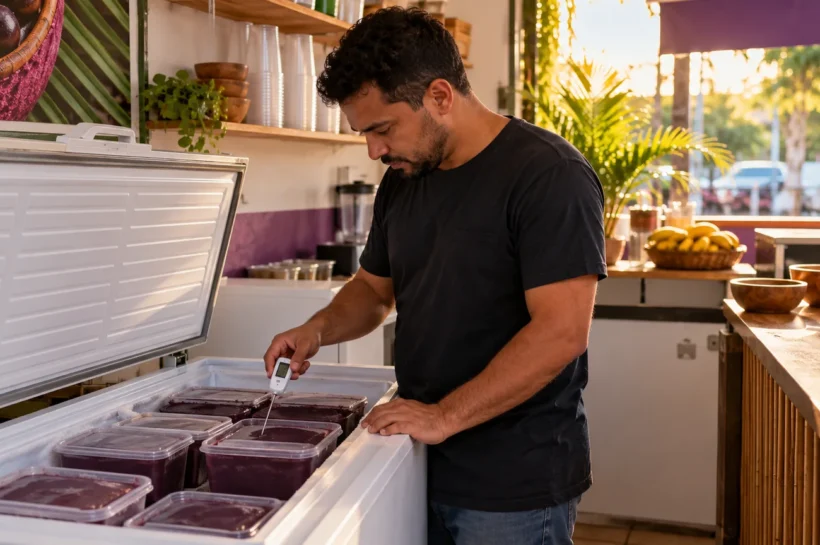 Homem com termômetro confere potes de açaí em um freezer aberto.