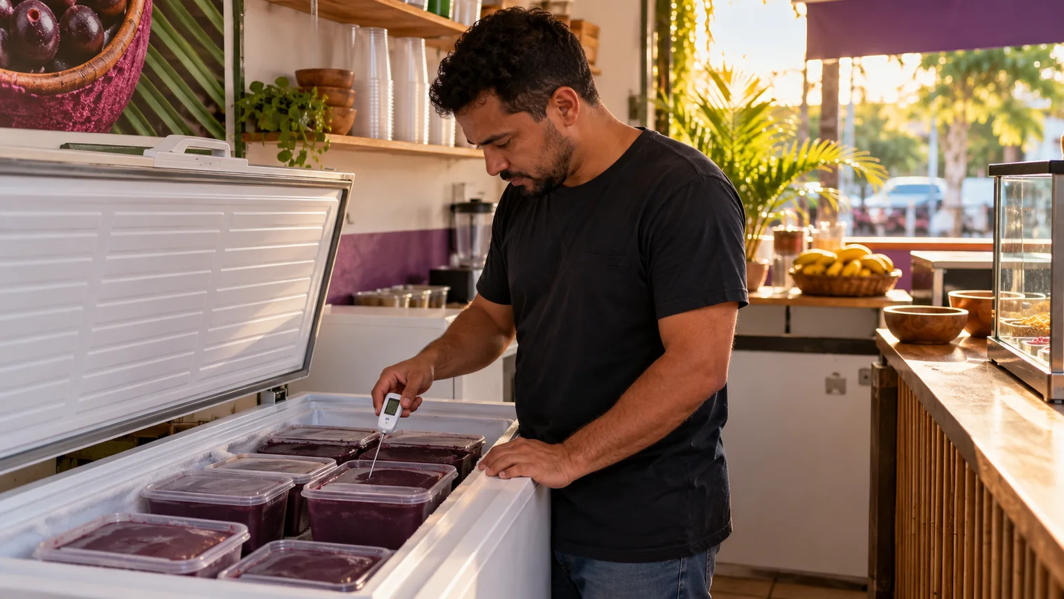 Homem com termômetro confere potes de açaí em um freezer aberto.