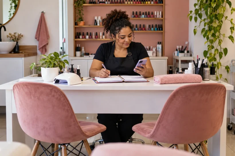 Mulher organiza a agenda pelo celular em um pequeno salão de manicure.