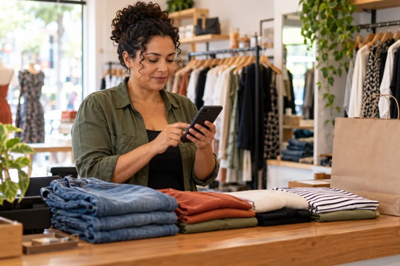 Mulher consulta o celular em uma loja de roupas, com peças e sacola sobre o balcão.