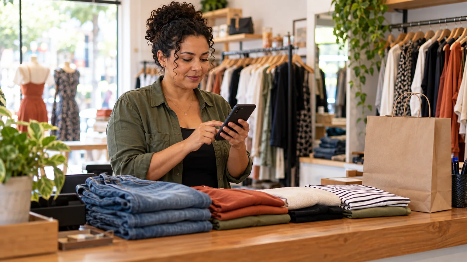 Mulher consulta o celular em uma loja de roupas, com peças e sacola sobre o balcão.