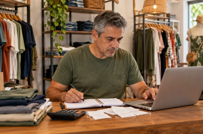 Homem usa agenda, calculadora e notebook em uma pequena loja de roupas.
