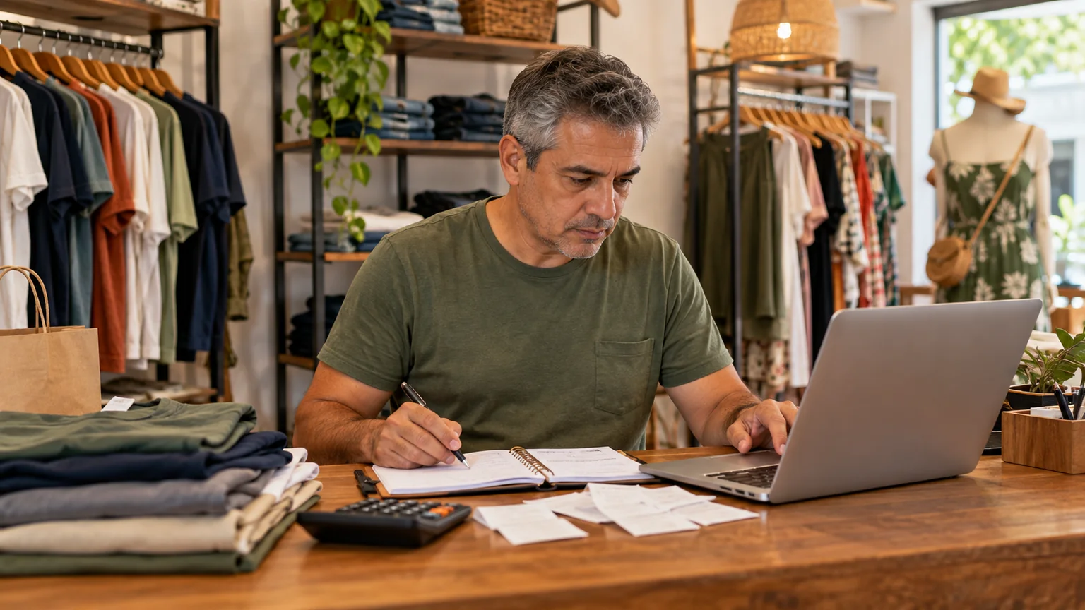 Homem usa agenda, calculadora e notebook em uma pequena loja de roupas.