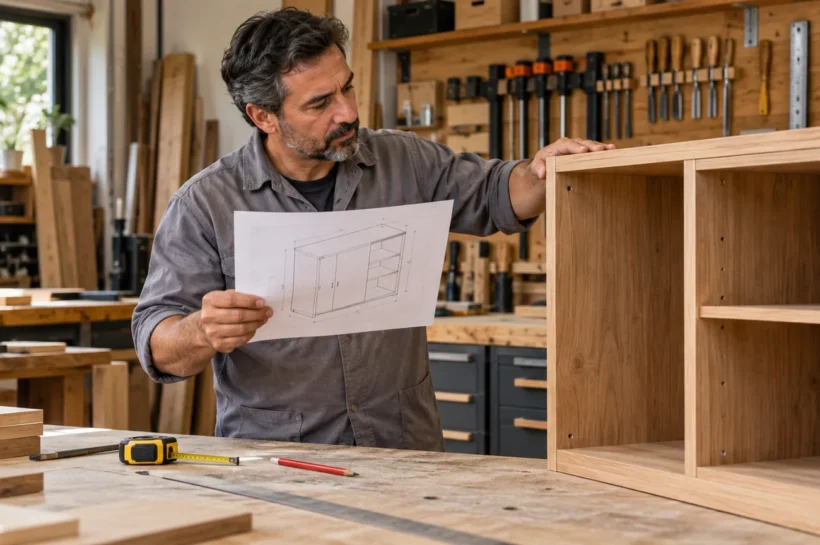 Homem segura um desenho de móvel ao lado de um armário em uma marcenaria.