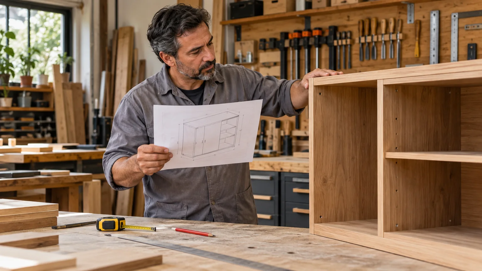 Homem segura um desenho de móvel ao lado de um armário em uma marcenaria.
