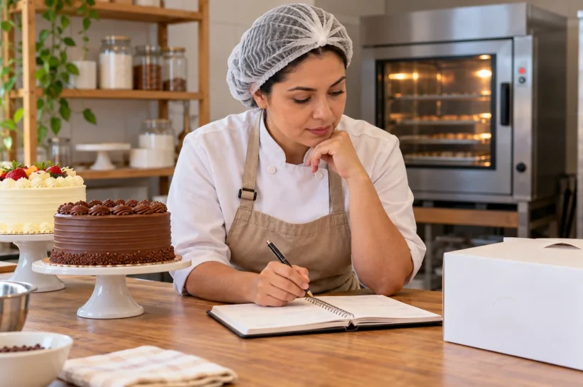Mulher com touca organiza uma agenda em uma confeitaria, com bolos e caixa ao lado.
