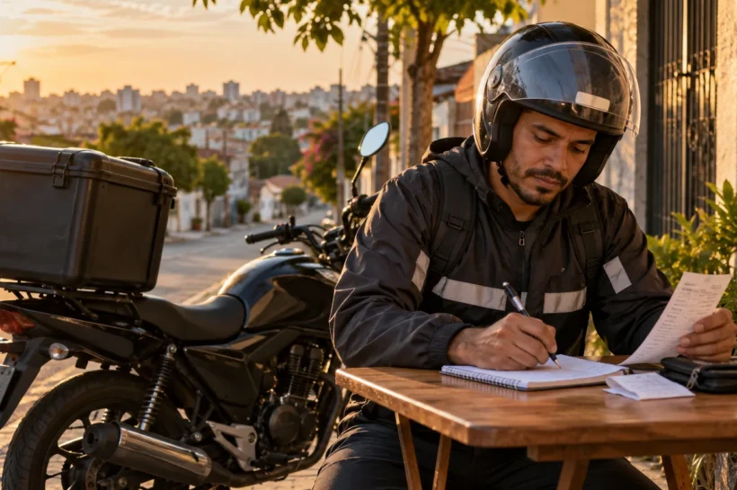 Homem com capacete confere recibos e faz anotações perto de uma moto com baú.