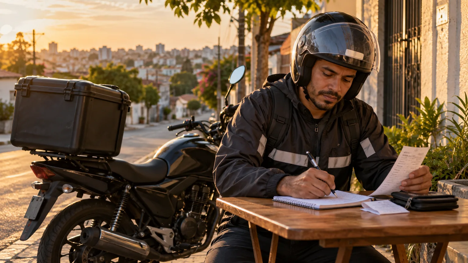 Homem com capacete confere recibos e faz anotações perto de uma moto com baú.
