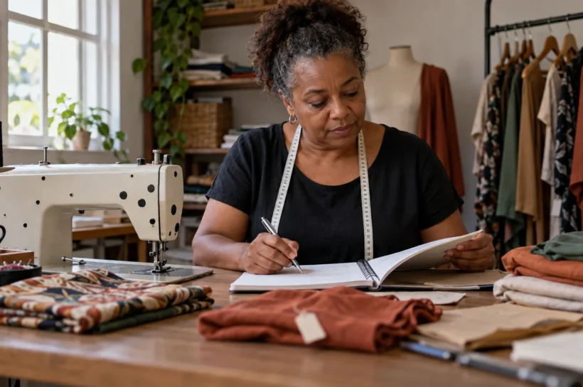 Mulher organiza pedidos em um caderno na bancada de um ateliê de costura.