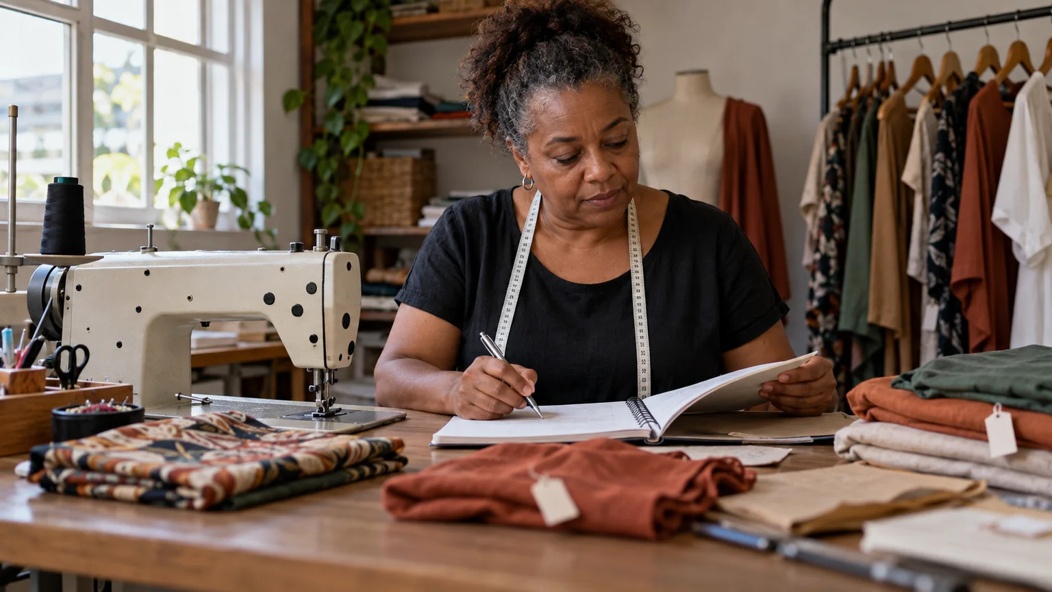 Mulher organiza pedidos em um caderno na bancada de um ateliê de costura.