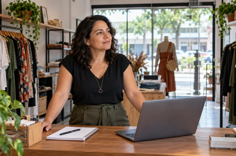 Mulher atrás do balcão de uma pequena loja de roupas sem clientes no momento.