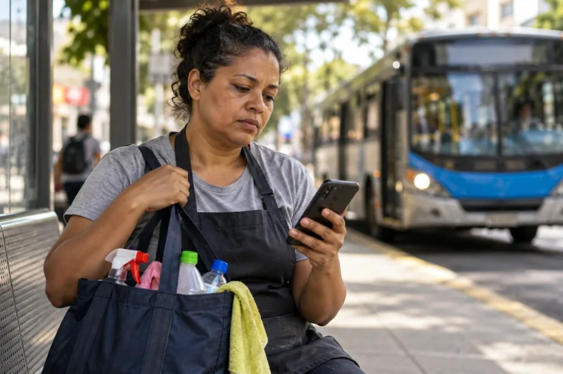 Mulher com bolsa de trabalho usa o celular numa parada de ônibus.
