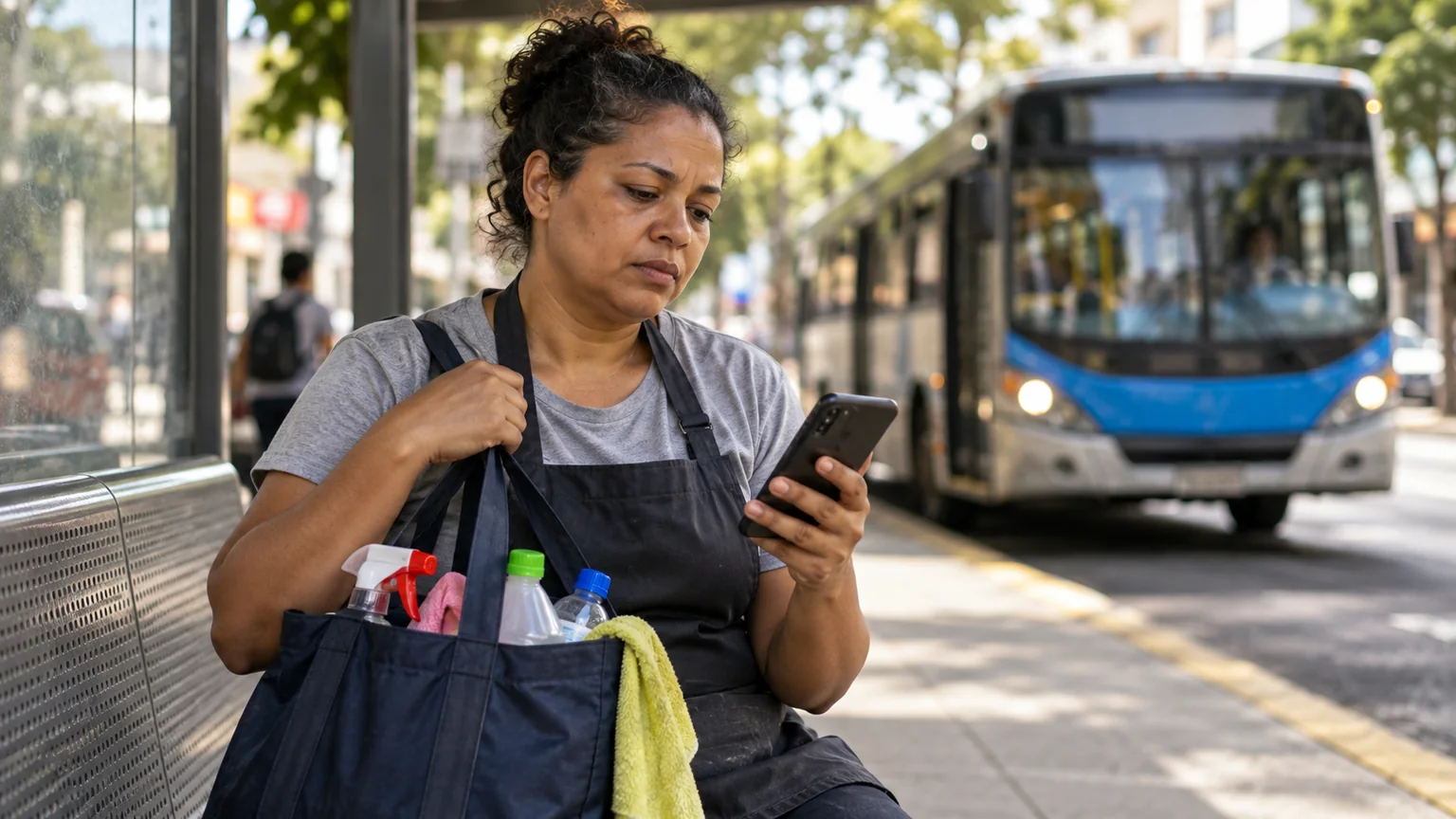 Mulher com bolsa de trabalho usa o celular numa parada de ônibus.
